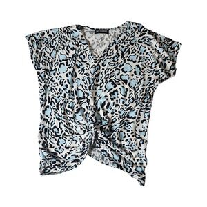OMT Fashions Blue Leopard Print Twist Front V-Neck Dolman Sleeve Top XL USA Made